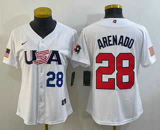 Women's USA Baseball #28 Nolan Arenado Number 2023 White World Classic Replica Stitched Jerseys,We sell and wholesale Women's USA Baseball #28 Nolan Arenado Number 2023 White World Classic Replica Stitched Jerseys on line form chian!